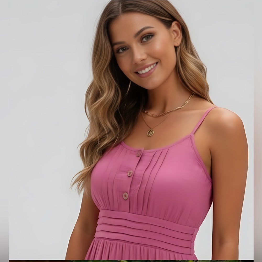 Boho Shirred Ruffle Lace Hem Maxi Dress Pink - Picture 2 of 9